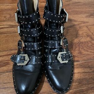 Studded Black Leather Buckle Ankle Booties